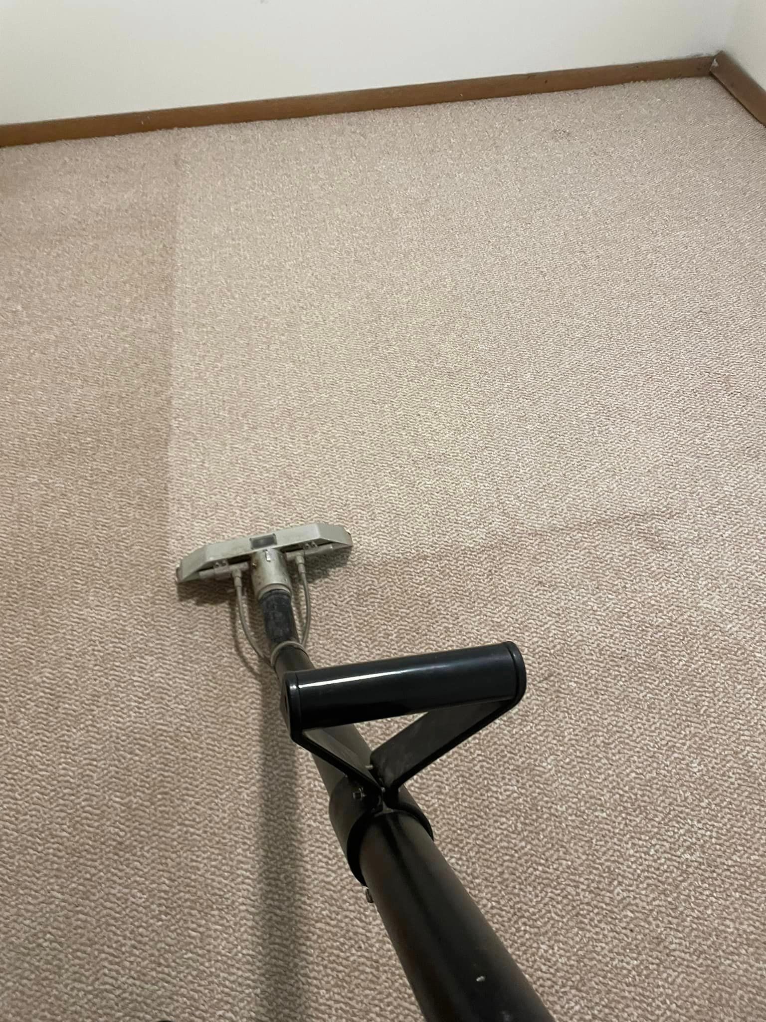 A vacuum cleaner is cleaning a carpet in a room.