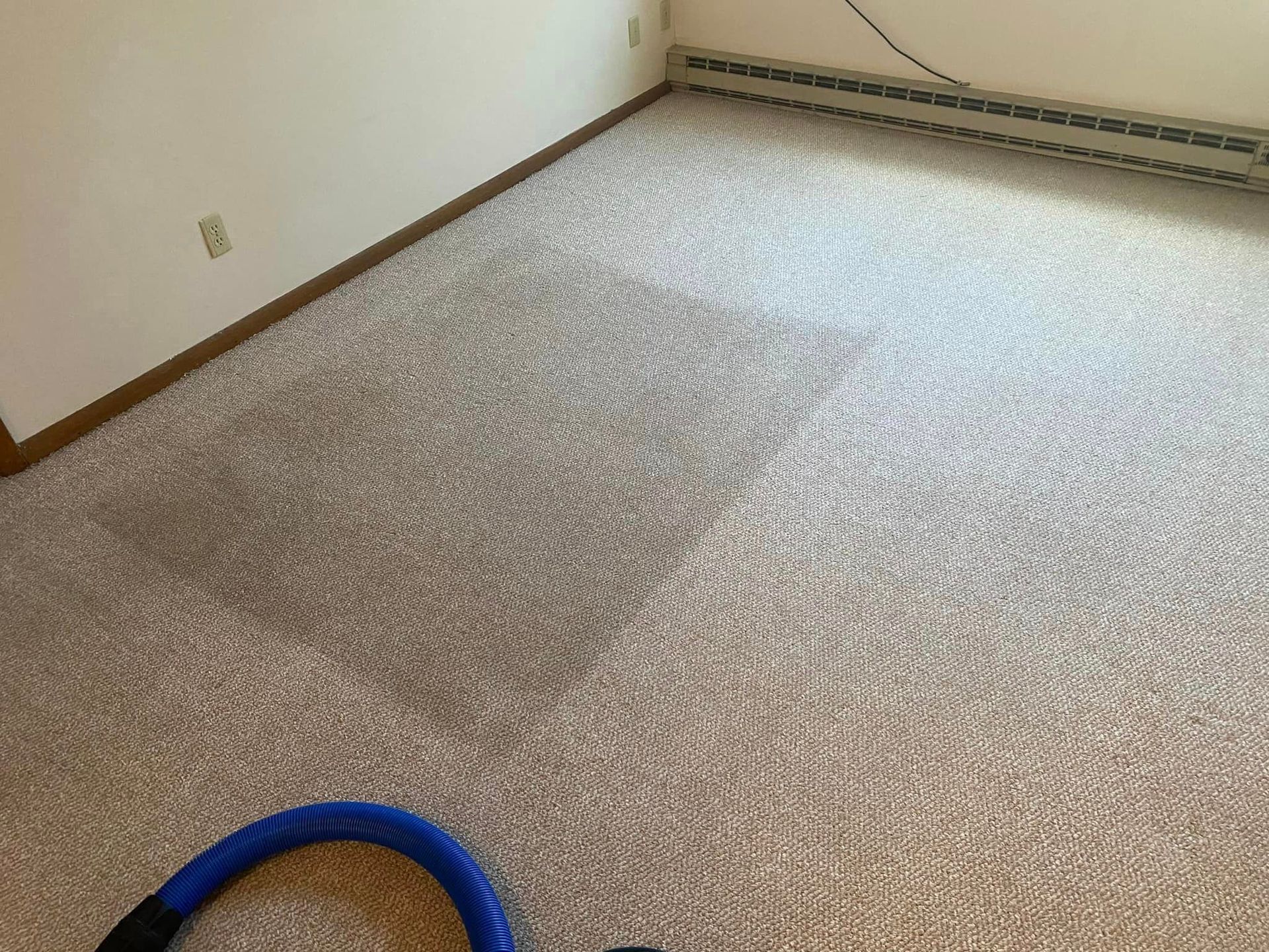 A room with a carpet and a vacuum cleaner on the floor.