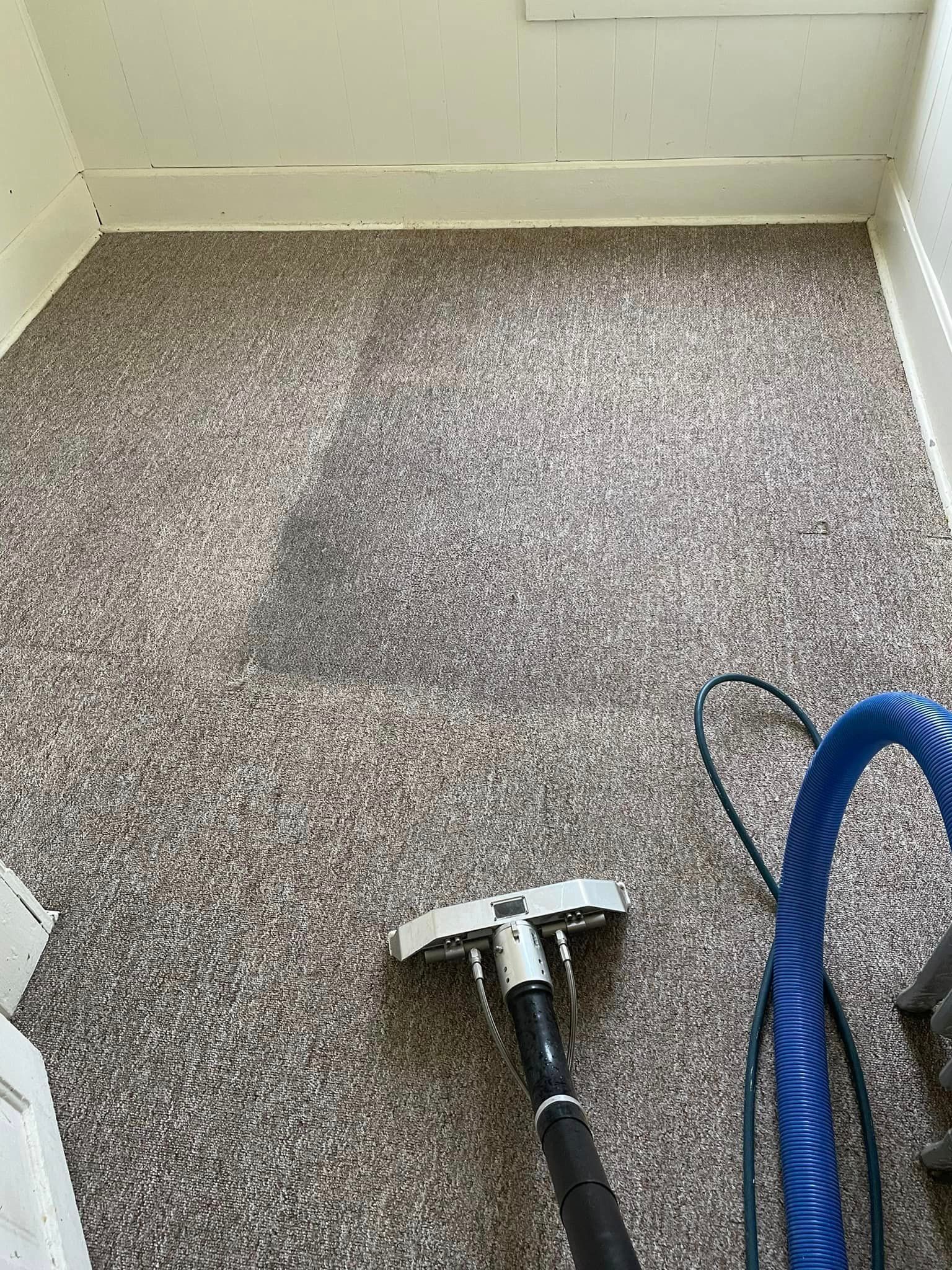 A vacuum cleaner is sitting on top of a carpet in a room.