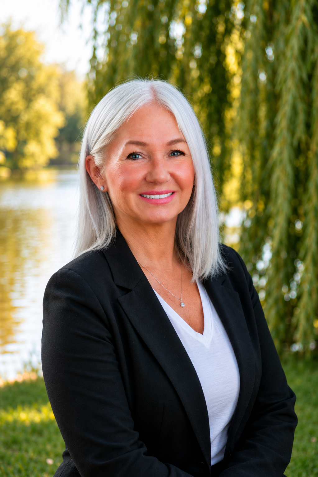 Woman with silver hair, wearing a black blazer and white shirt, smiling with arms crossed.