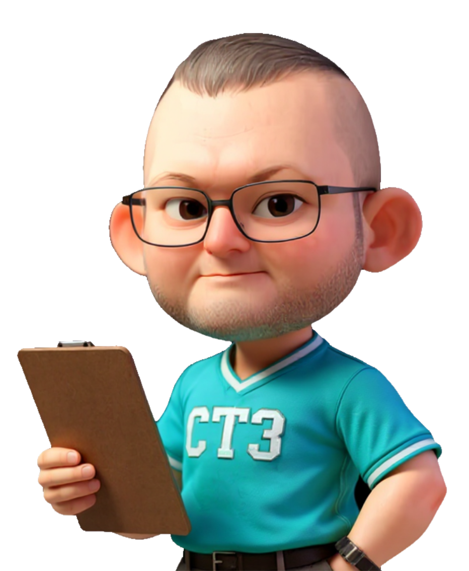 Cartoon man with glasses and a clipboard, wearing a blue shirt with