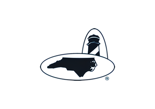 Outline of North Carolina with a lighthouse and an oval frame.
