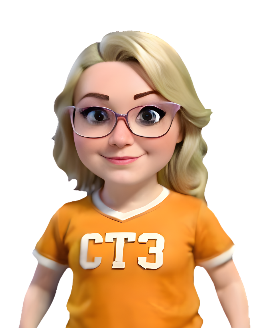 Cartoon woman with blonde hair and glasses wearing an orange