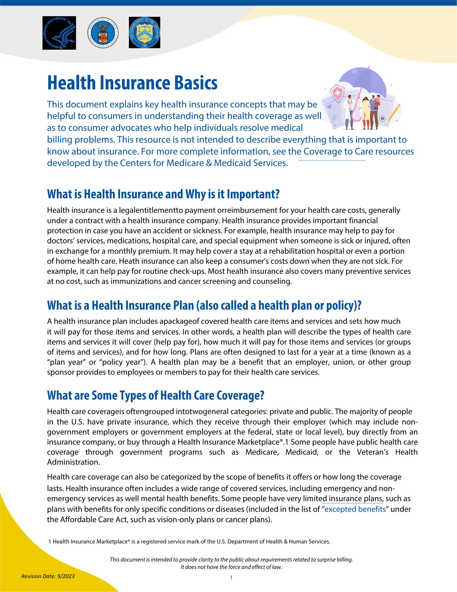 Health insurance basics document with text and illustrations.