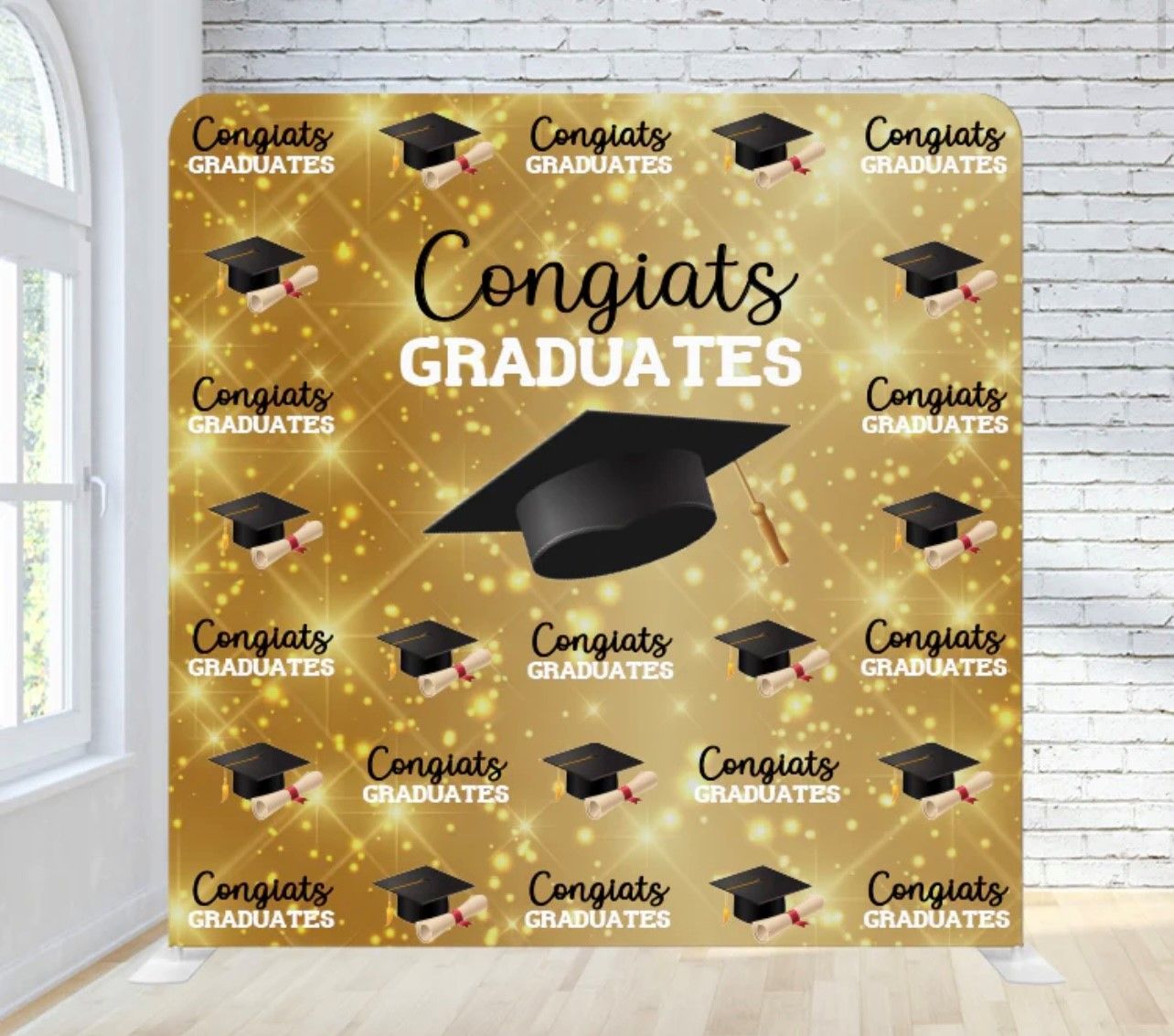 Congratulations graduates backdrop with graduation caps and diplomas