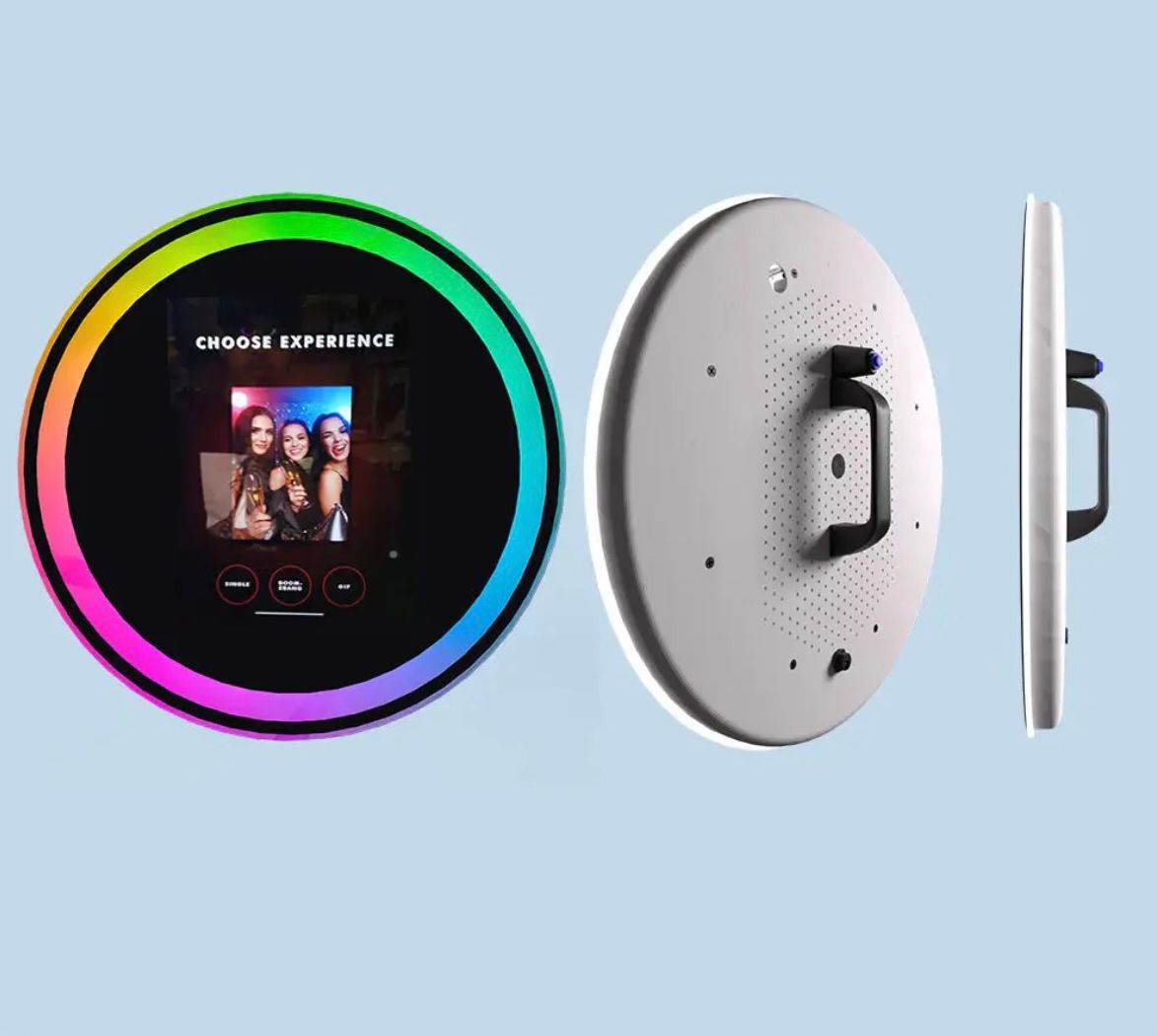 A rainbow colored circle with a picture of a group of people on it