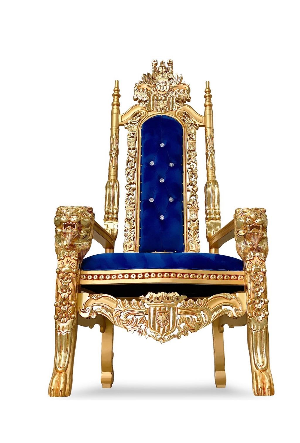 A gold and blue throne with a blue cushion on a white background.