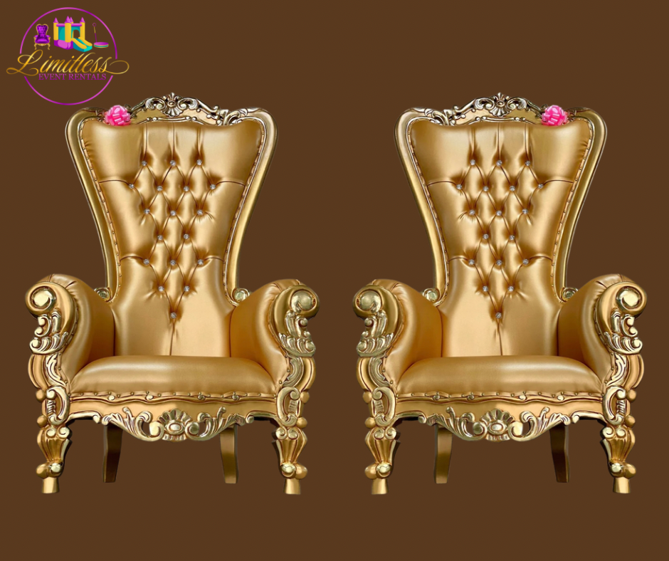 Two gold chairs are sitting next to each other on a brown background.
