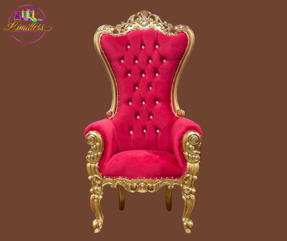 A red chair with gold trim on a brown background