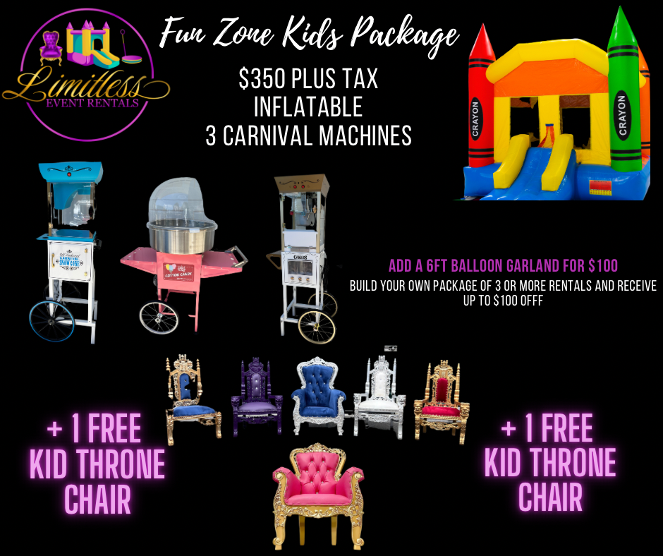 A picture of a white chair and a picture of a birthday bash package.