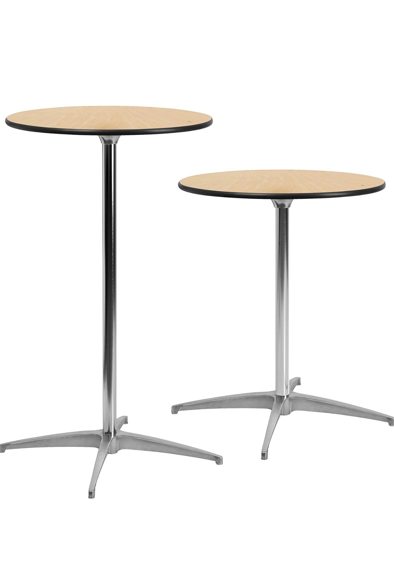 Two round tables with metal legs and wooden tops on a white background.