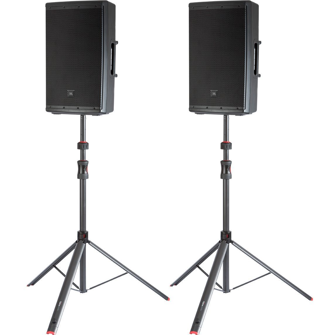 Two speakers are sitting on tripods on a white background.