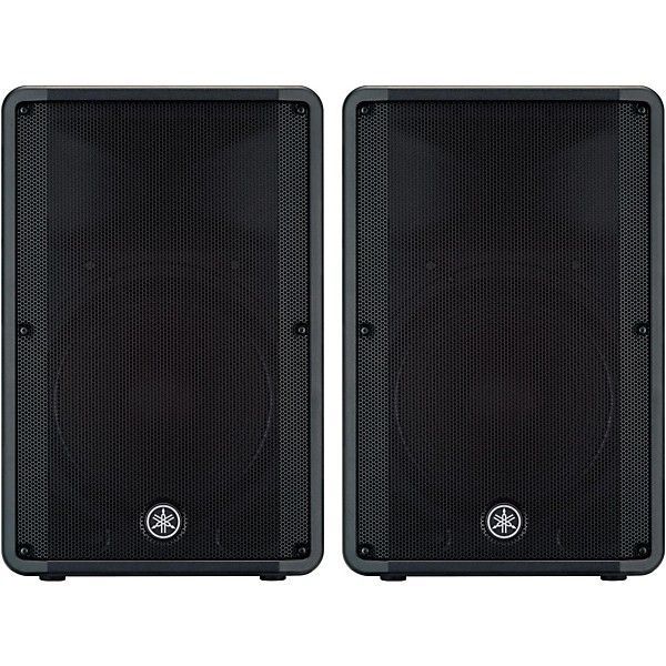 A pair of black speakers on a white background.