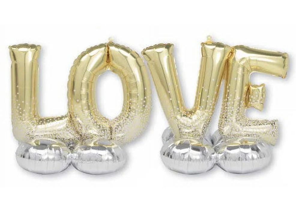 The word love is made of gold and silver balloons.