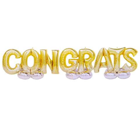 A set of gold congratulations balloons on a white background