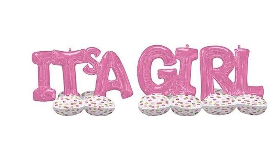 It is a girl written in pink balloons on a white background.