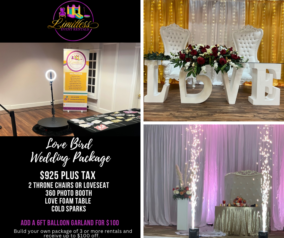 A collage of three pictures of a wedding package.