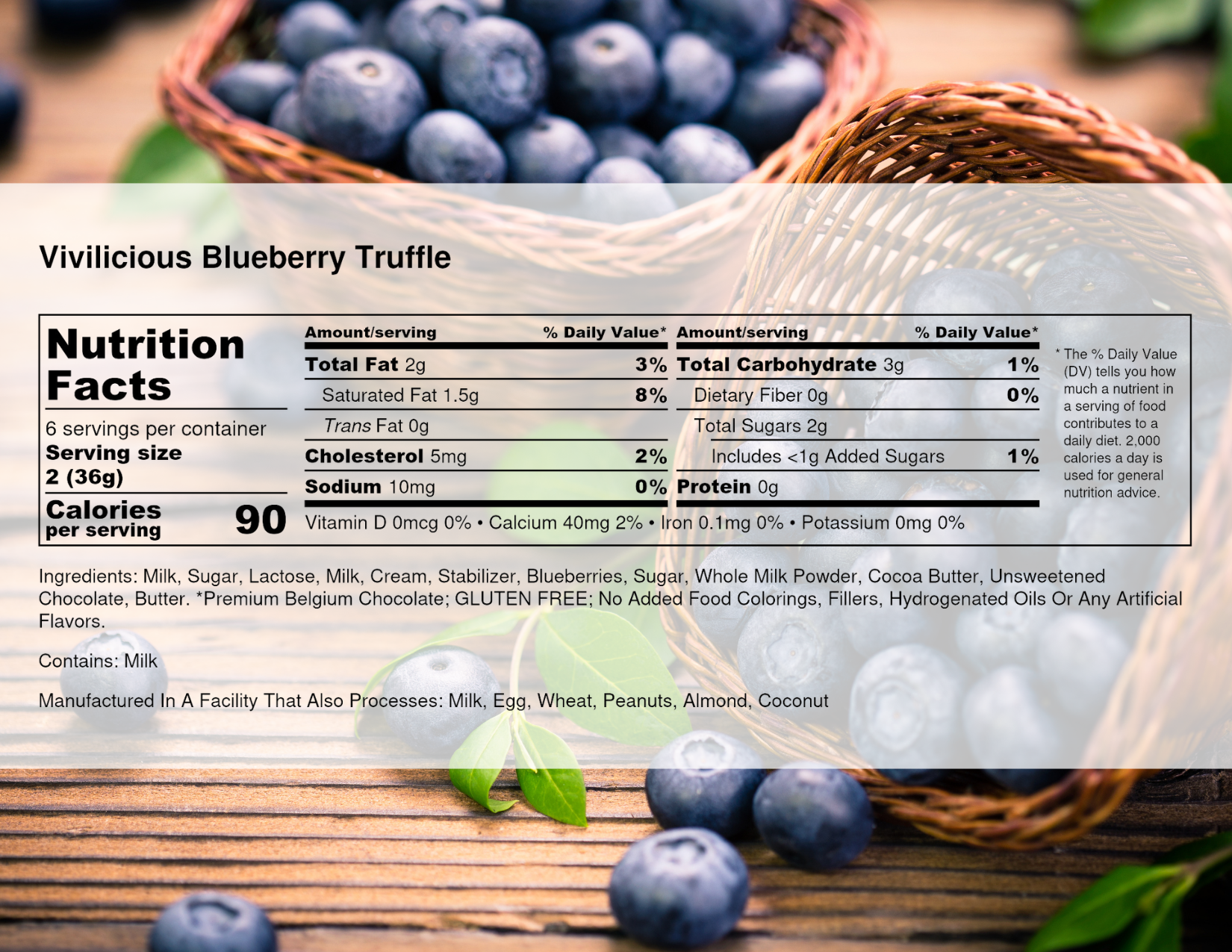 A nutrition facts label for a blueberry truffle