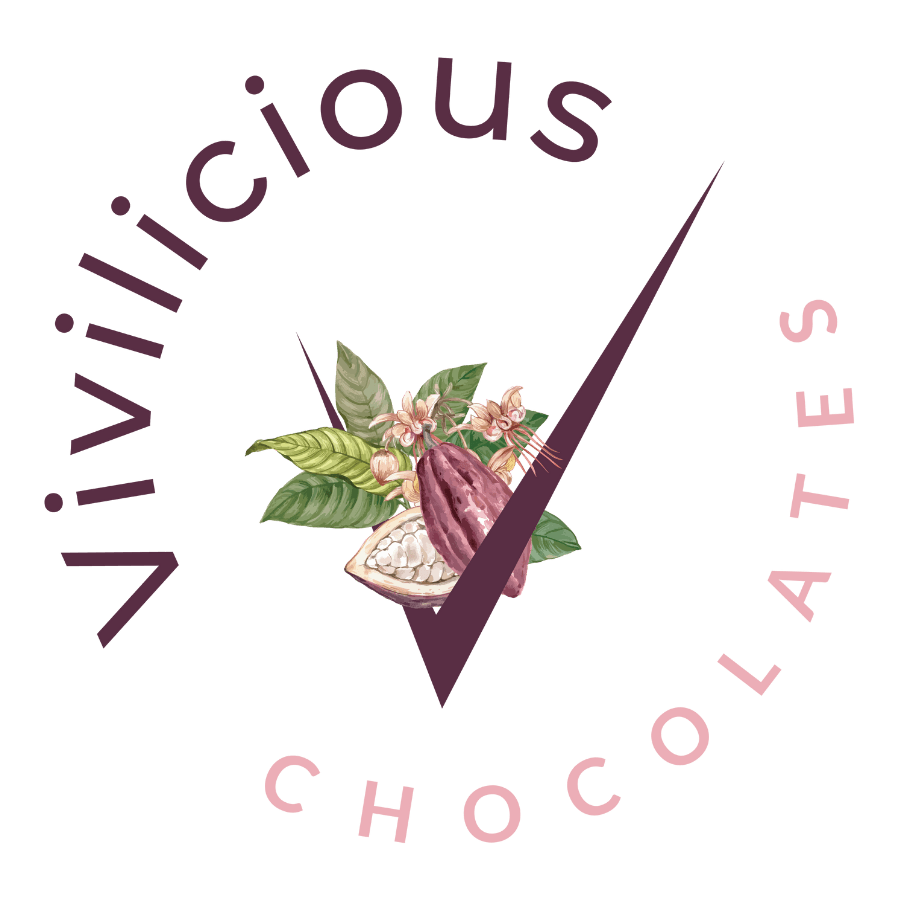 The logo for vivilicious chocolates is a circle with a check mark and a picture of cocoa beans.