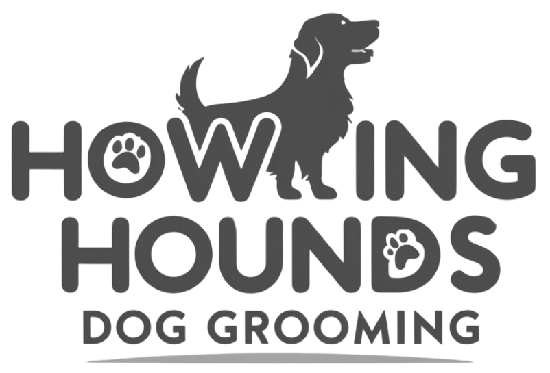 A logo for howling hounds dog grooming with a dog on it.