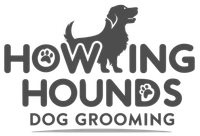 A logo for howling hounds dog grooming with a dog on it.