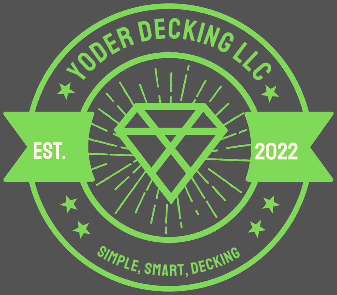 A green circular logo for Yoder Decking LLC, featuring a diamond icon, "EST. 2022," and the text "SIMPLE, SMART, DECKING."