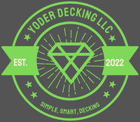 A green circular logo for Yoder Decking LLC, featuring a diamond icon, "EST. 2022," and the text "SIMPLE, SMART, DECKING."