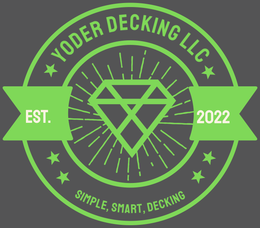 A green circular logo for Yoder Decking LLC, featuring a diamond icon, "EST. 2022," and the text "SIMPLE, SMART, DECKING."