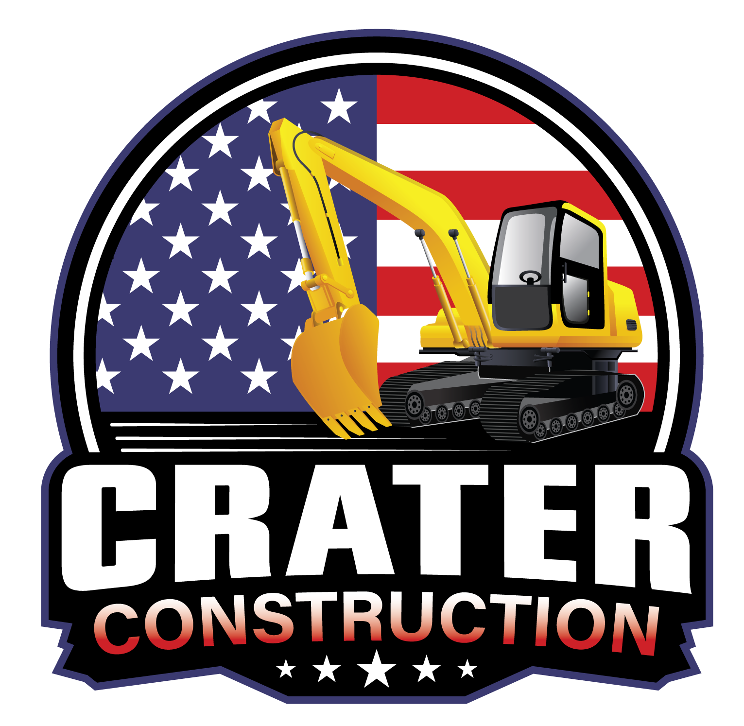 Logo: yellow excavator, American flag background,
