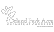 A black and white logo for the orland park area chamber of commerce.