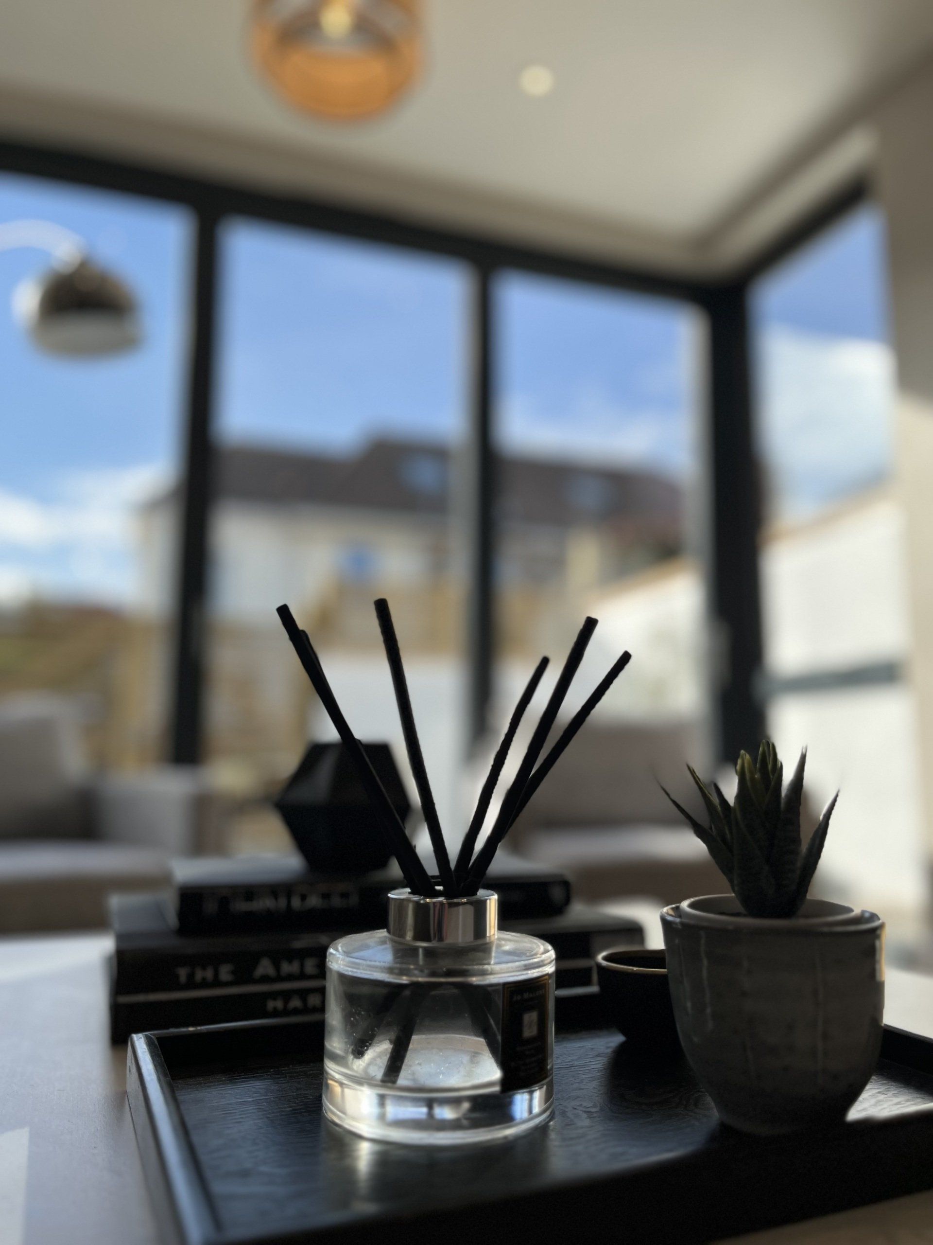 A reed diffuser sits on a tray in a living room