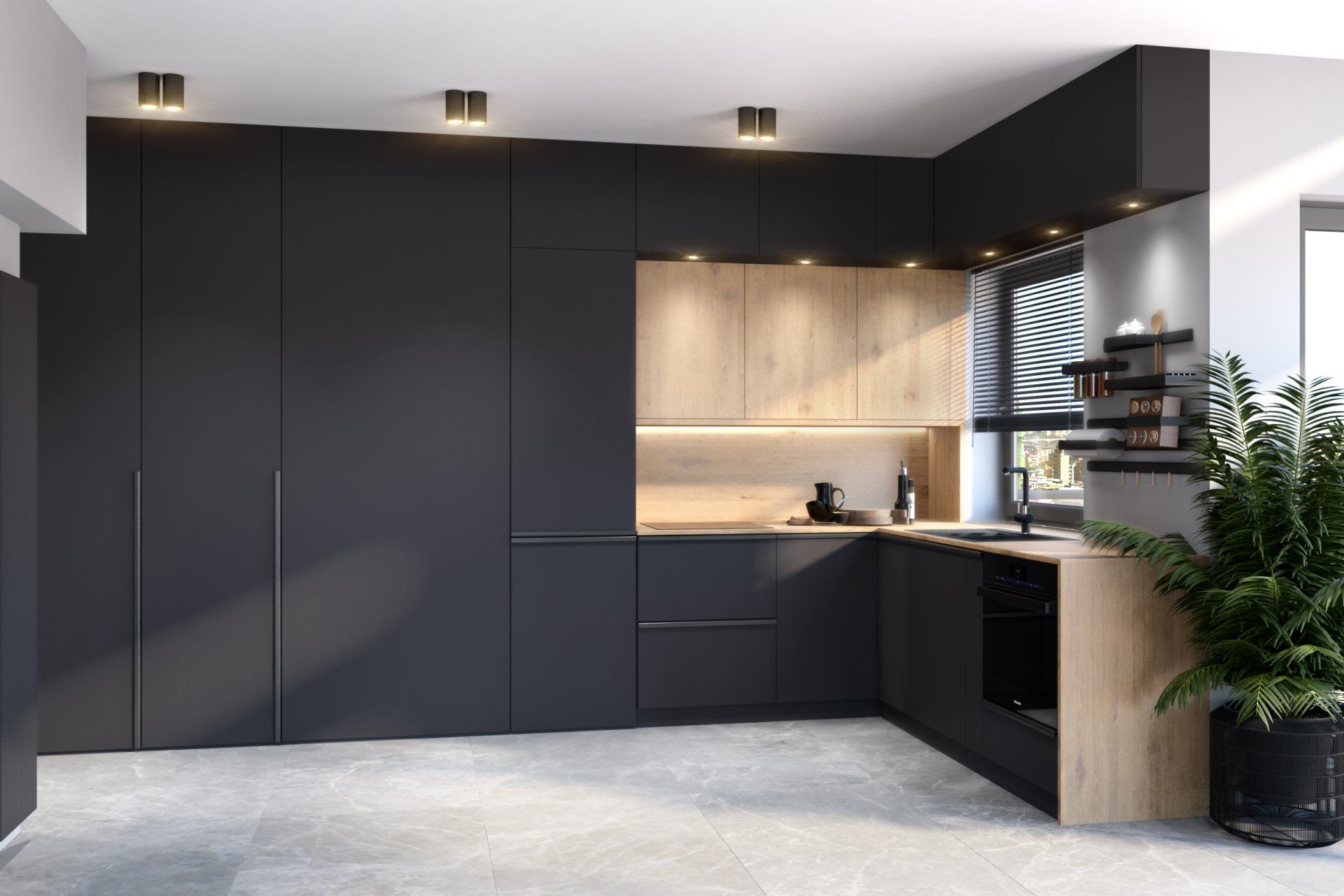 Dark grey cabinets in a kitchen