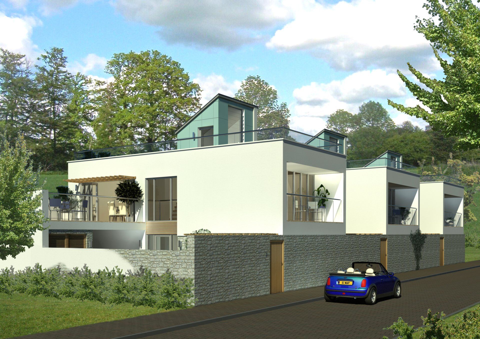 A blue car is parked in front of a large white house