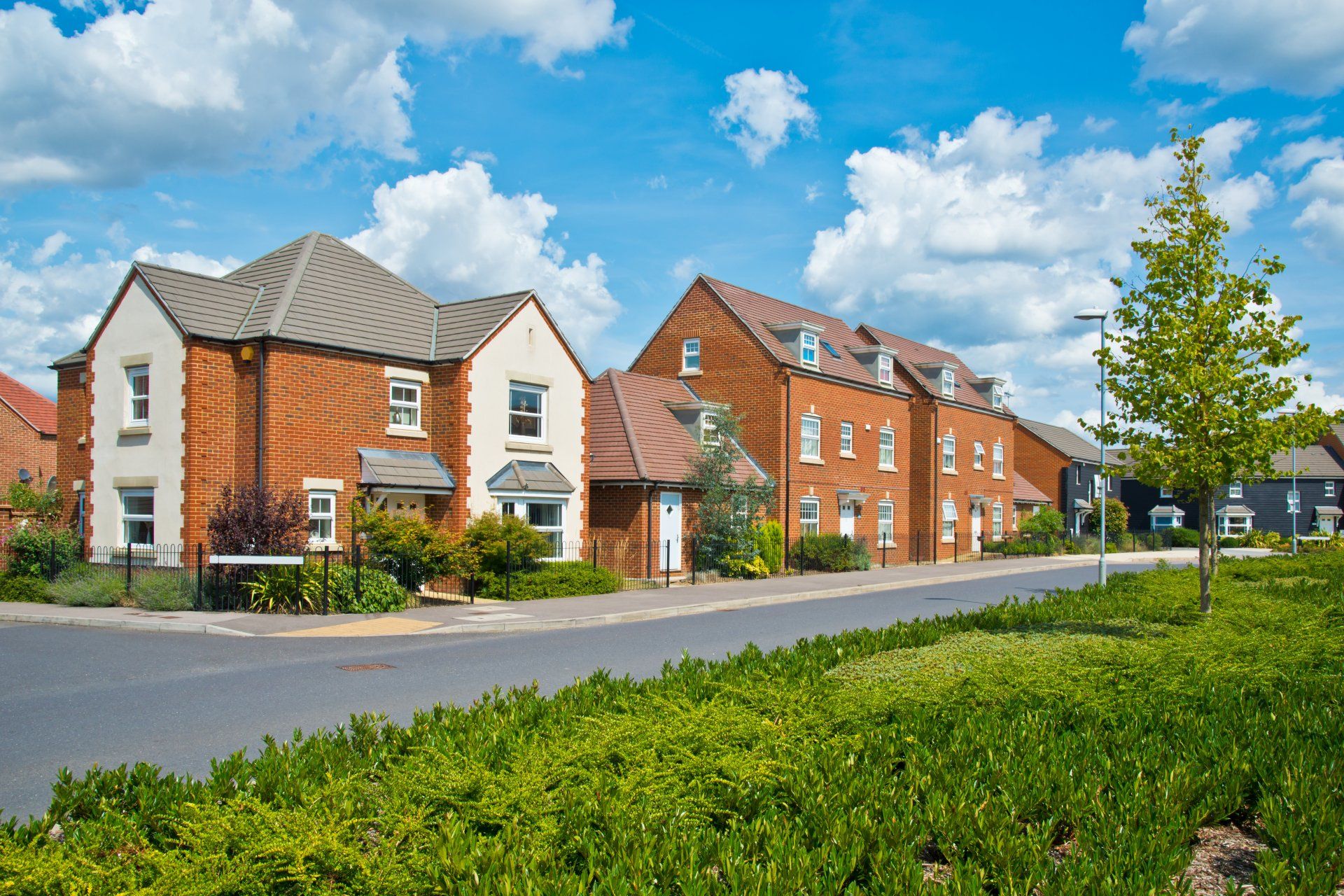 A row of houses are lined up on the side of a road in a residential area.