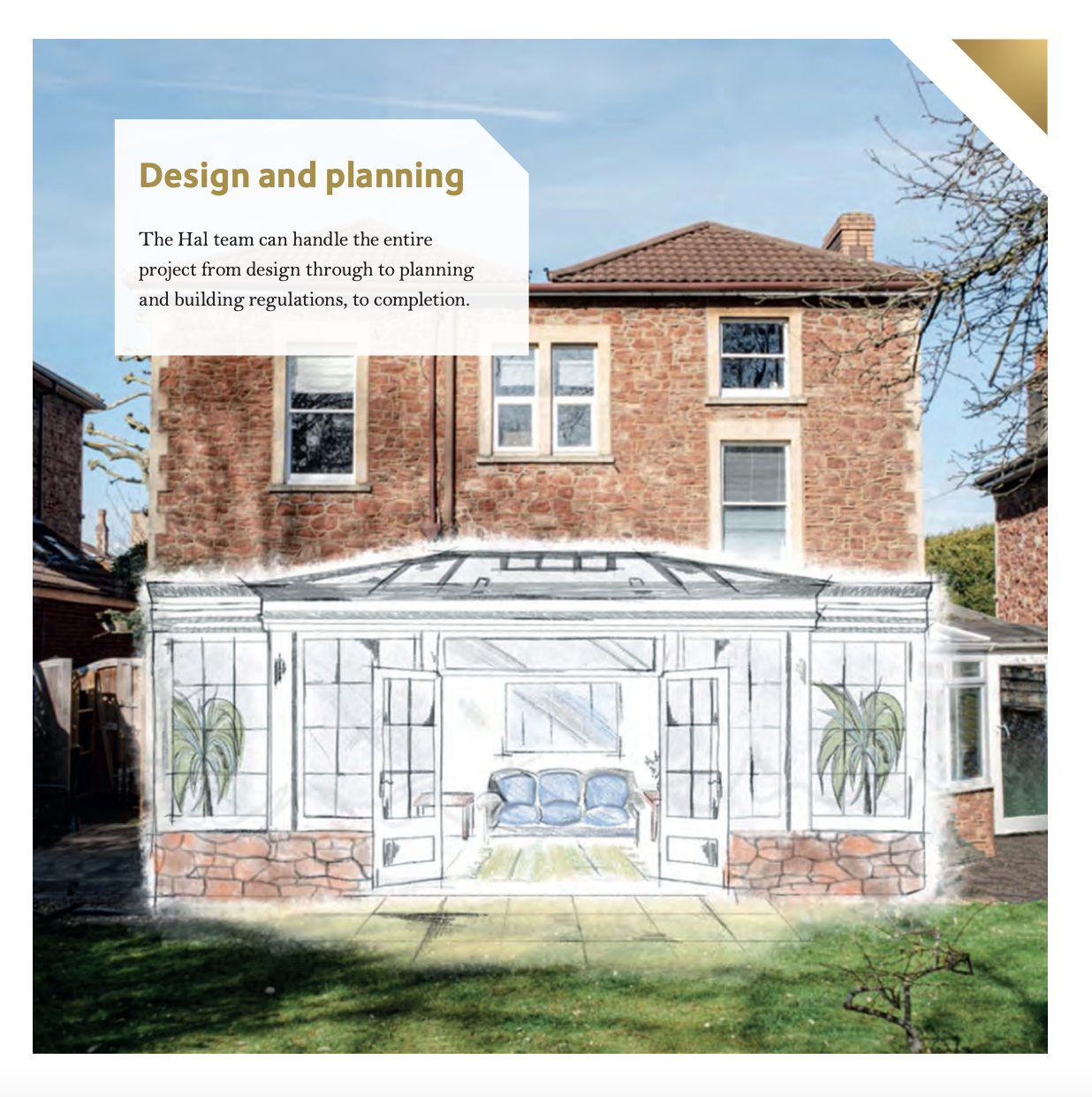 A drawing of a house with the words design and planning at the top