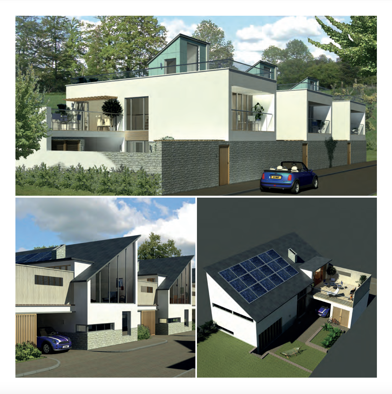 A blue car is parked in front of a house with solar panels on the roof