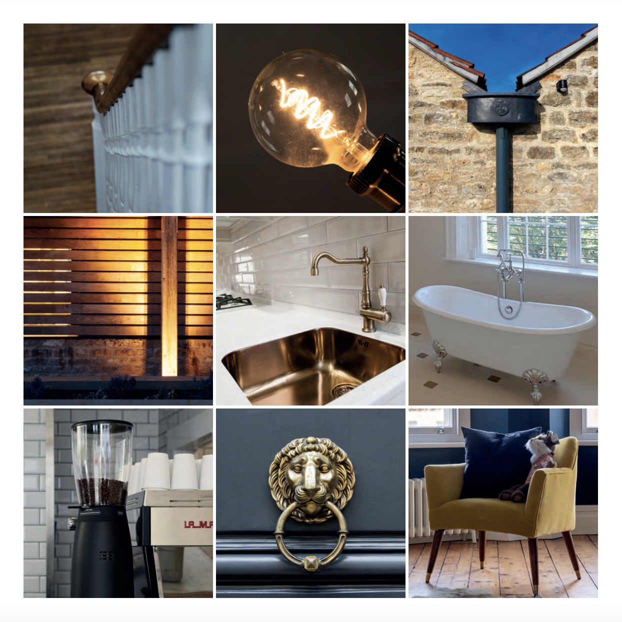 A collage of pictures of a kitchen , bathroom , chair , sink and light bulb.