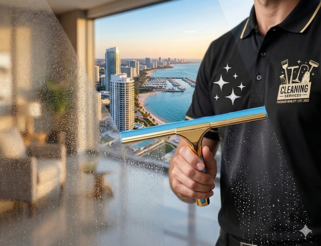 A person in a black company polo uses a gold squeegee to clean a glass window overlooking a high-rise city and beach view.