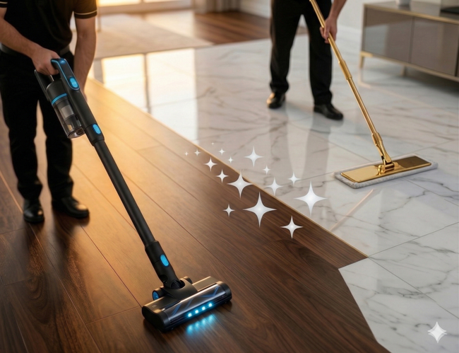 Two people clean a home, one vacuuming a wood floor and the other mopping a white marble floor with sparkling icons.