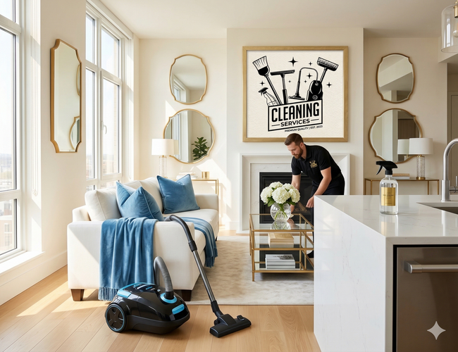 A person cleans a modern living room featuring a white sofa, blue pillows, a vacuum cleaner, and cleaning-themed wall art.