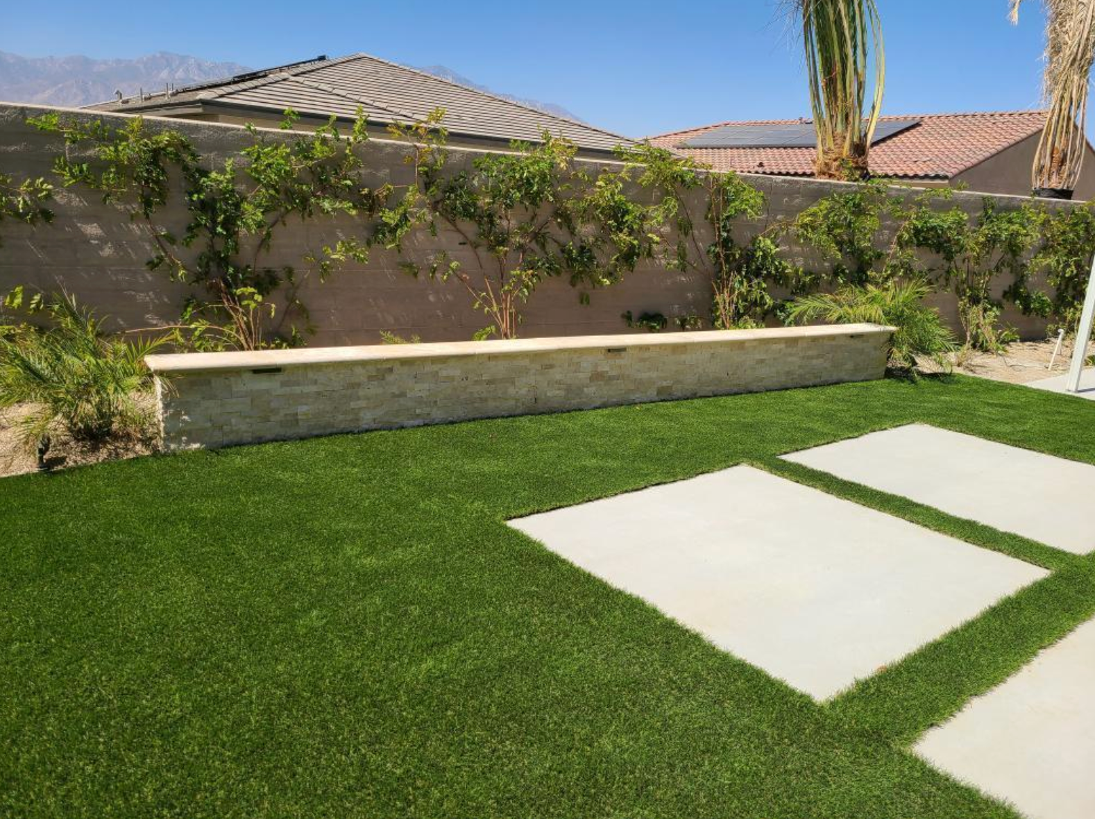 There is a bench in the middle of the grass in the backyard.
