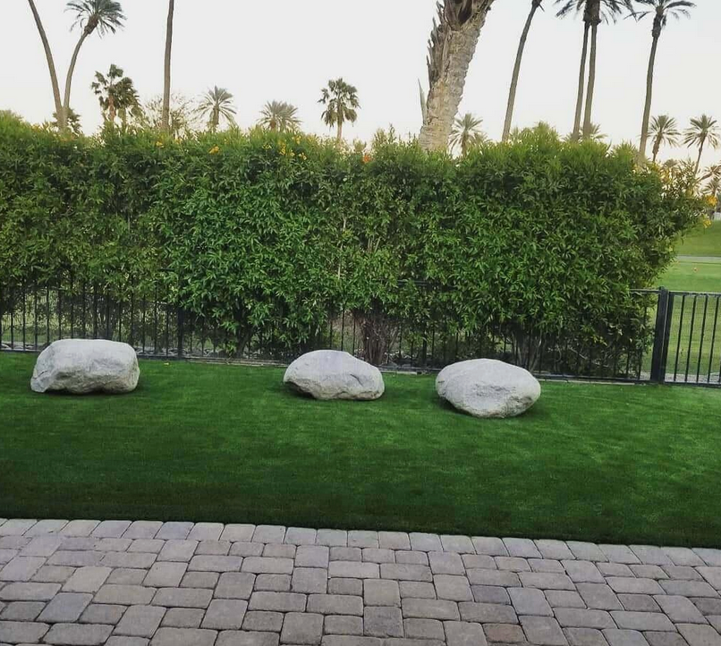 Three rocks are sitting on a lush green lawn