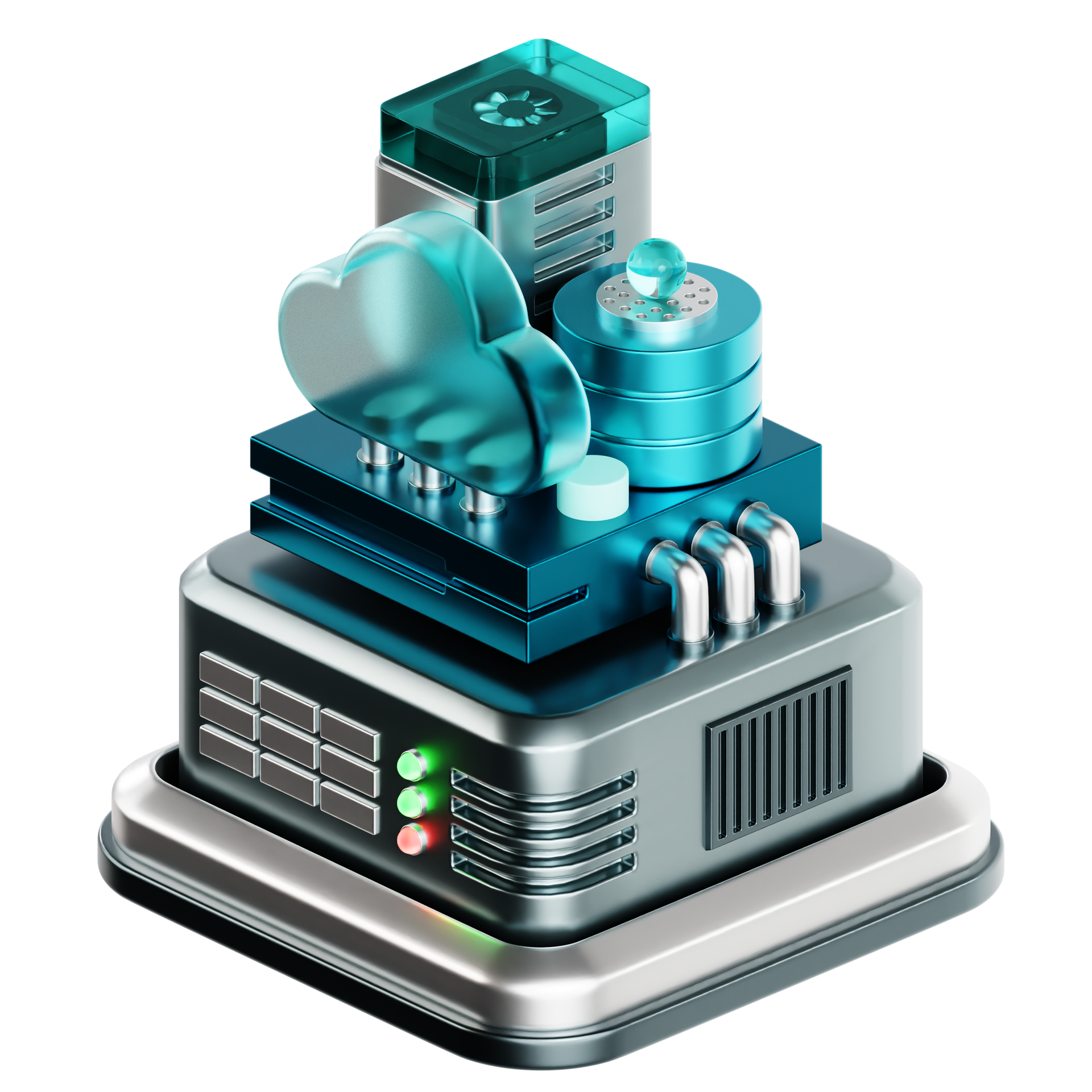 3D teal cloud and server stack on a metallic base with status lights