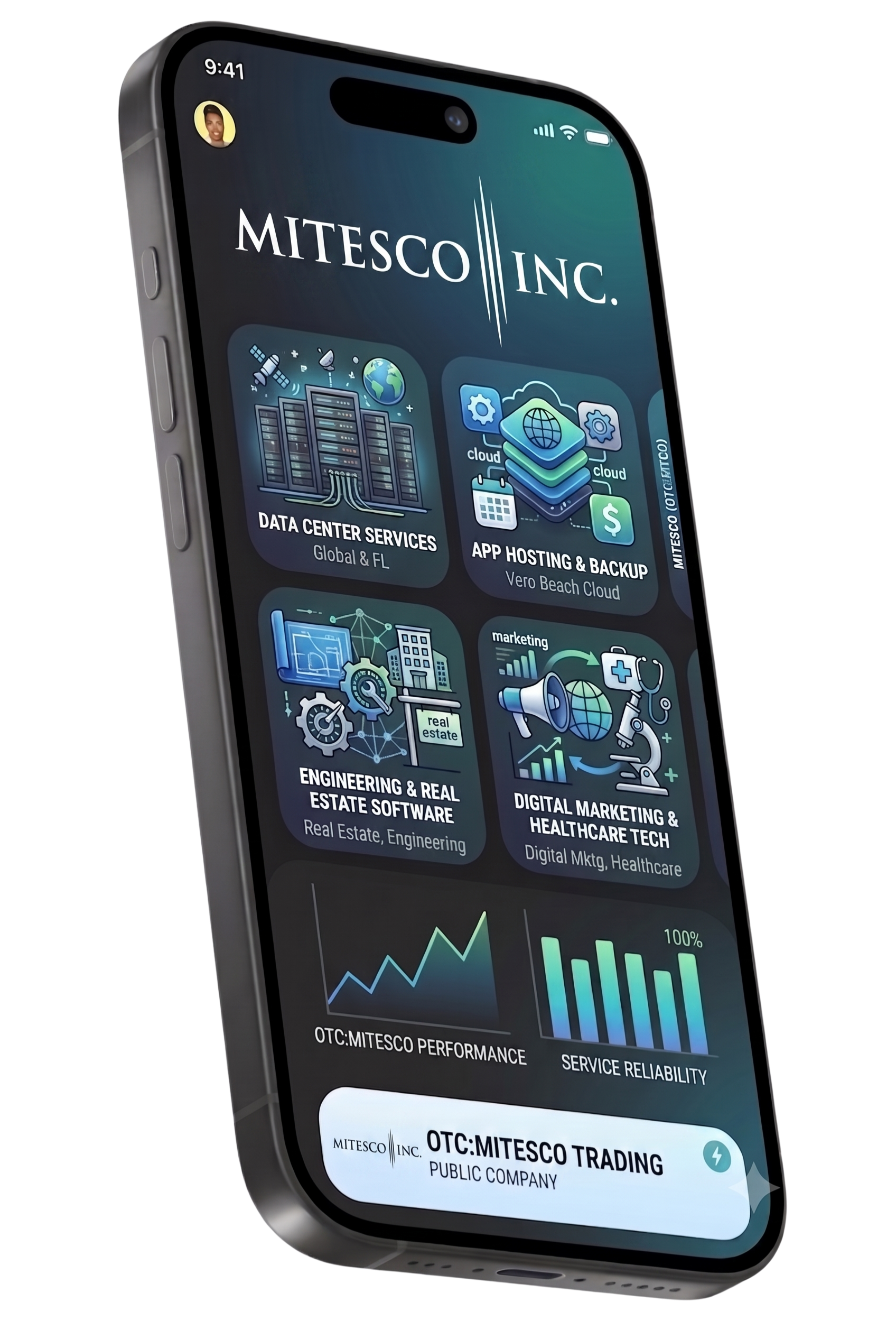 Angled smartphone displaying a dark finance dashboard with charts, cards, and the title “Mitescom Inc.”