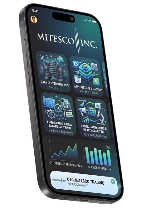 Angled smartphone displaying a dark finance dashboard with charts, cards, and the title “Mitescom Inc.”