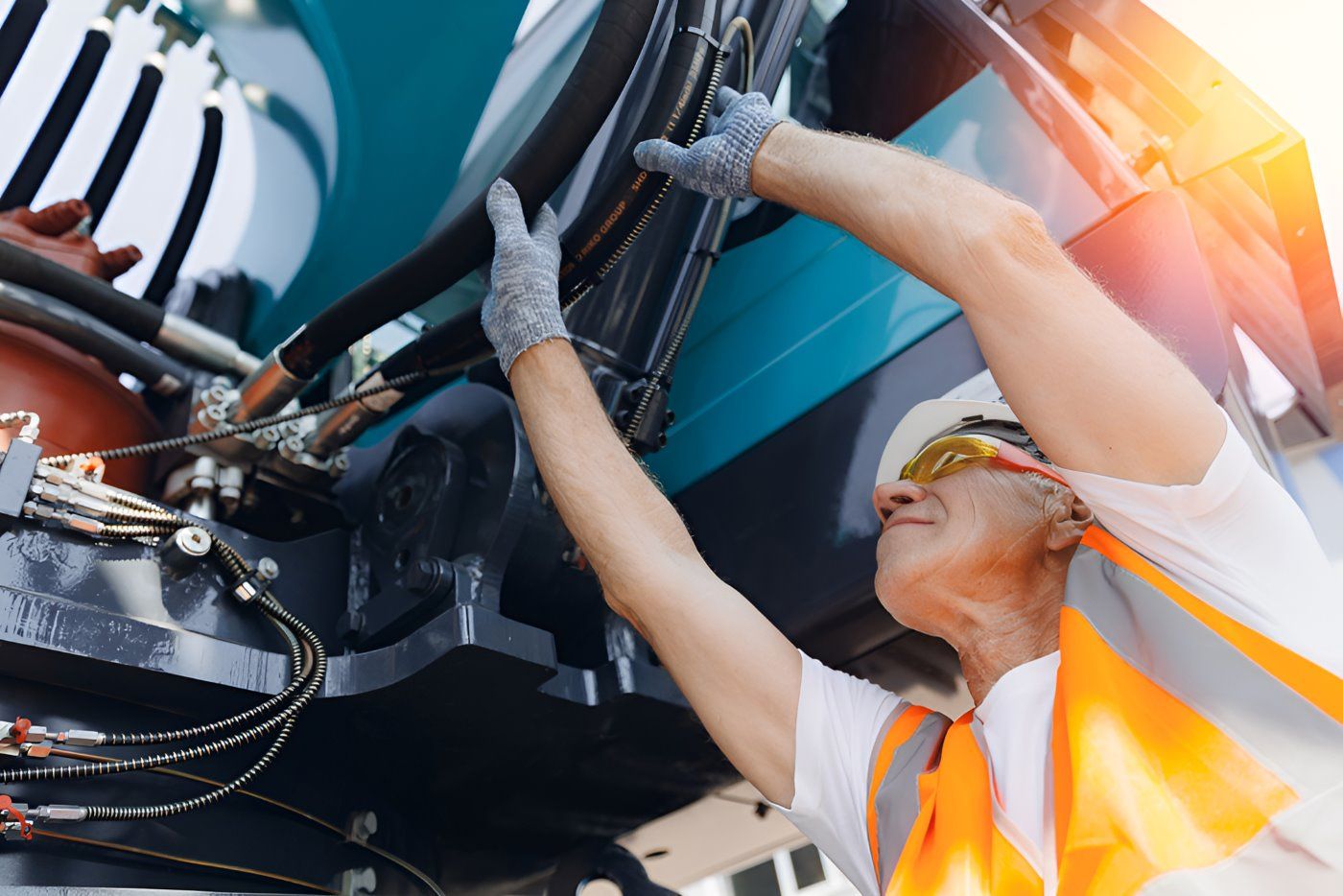 A Man Wearing A Hard Hat And Safety Vest Is Working On A Machine — HI PSI Hydraulics in Wauchope, NSW