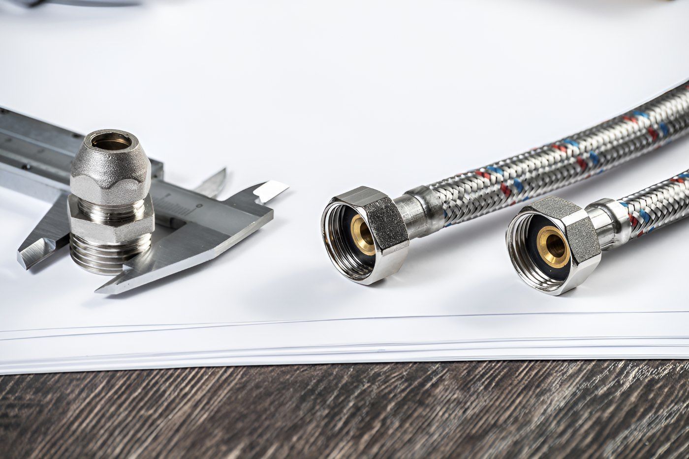 A pair of water hoses sitting on top of a piece of paper next to a caliper — HI PSI Hydraulics in Kempsey, NSW