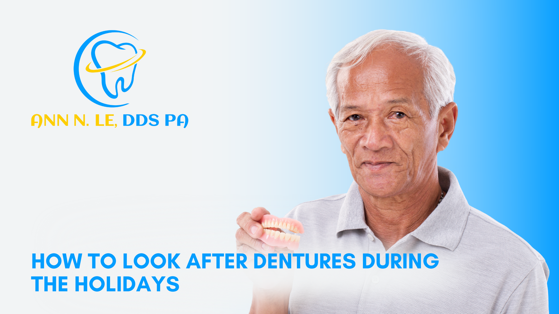 An older man is holding a denture in his hand.