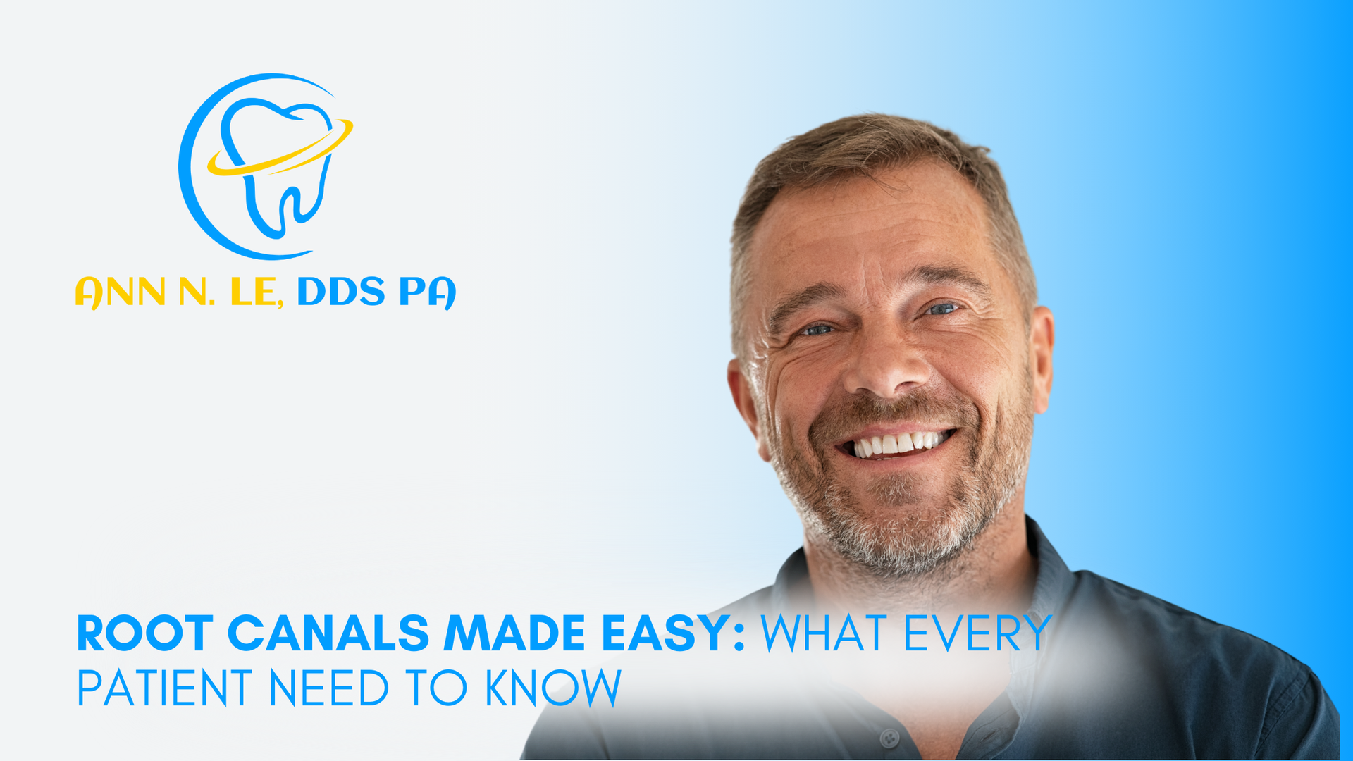 A man with a beard is smiling in front of a blue background.