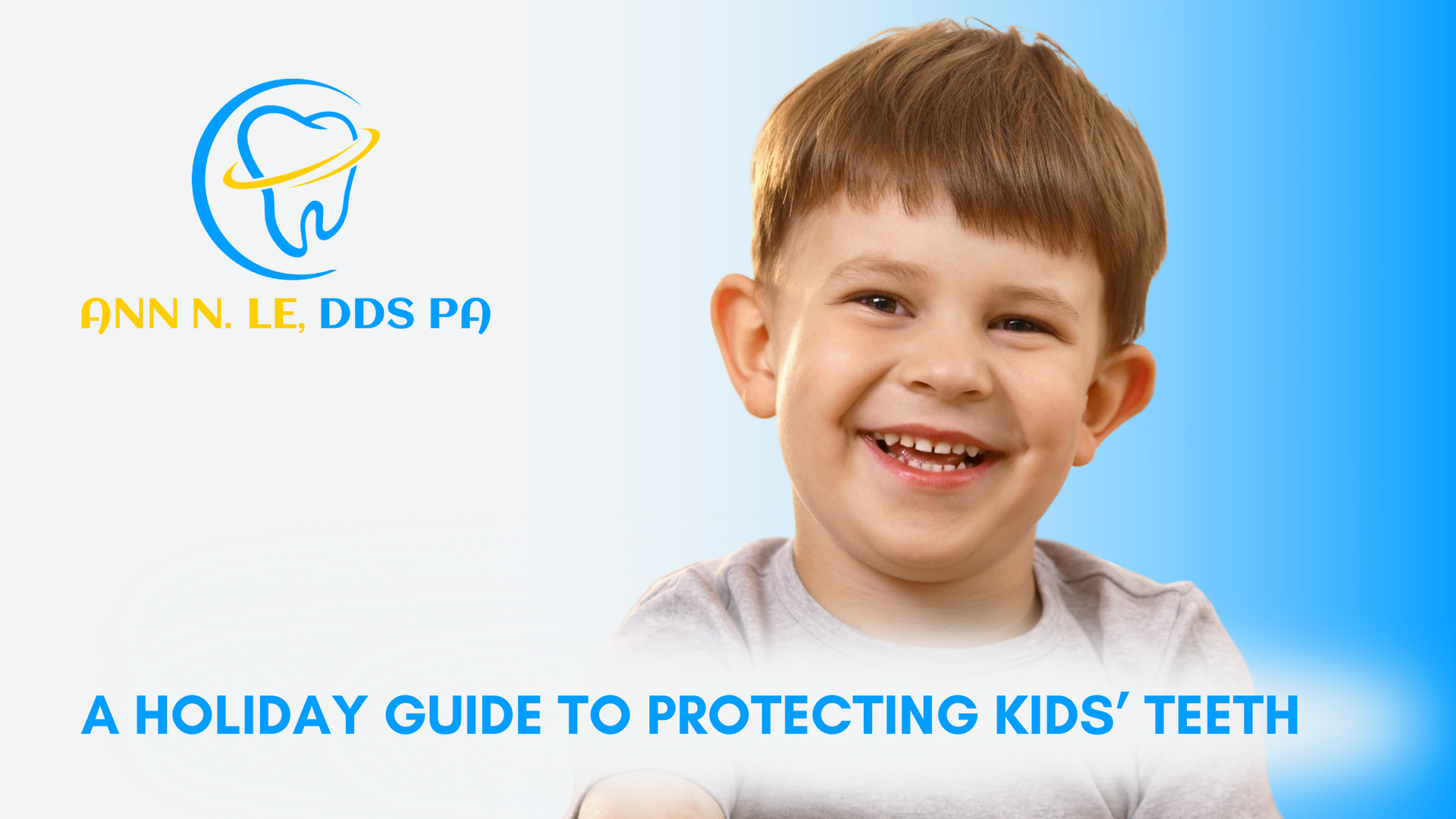 Smiling child with healthy teeth next to logo for 